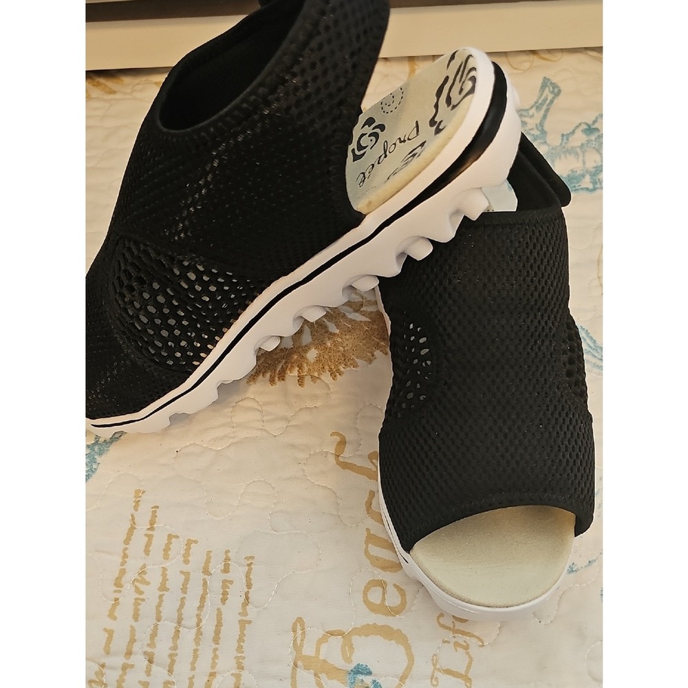 Propet Black Mesh SlipOn Wedge Sandals White Sole 9 WIDE NWOT | Athletic Sandals